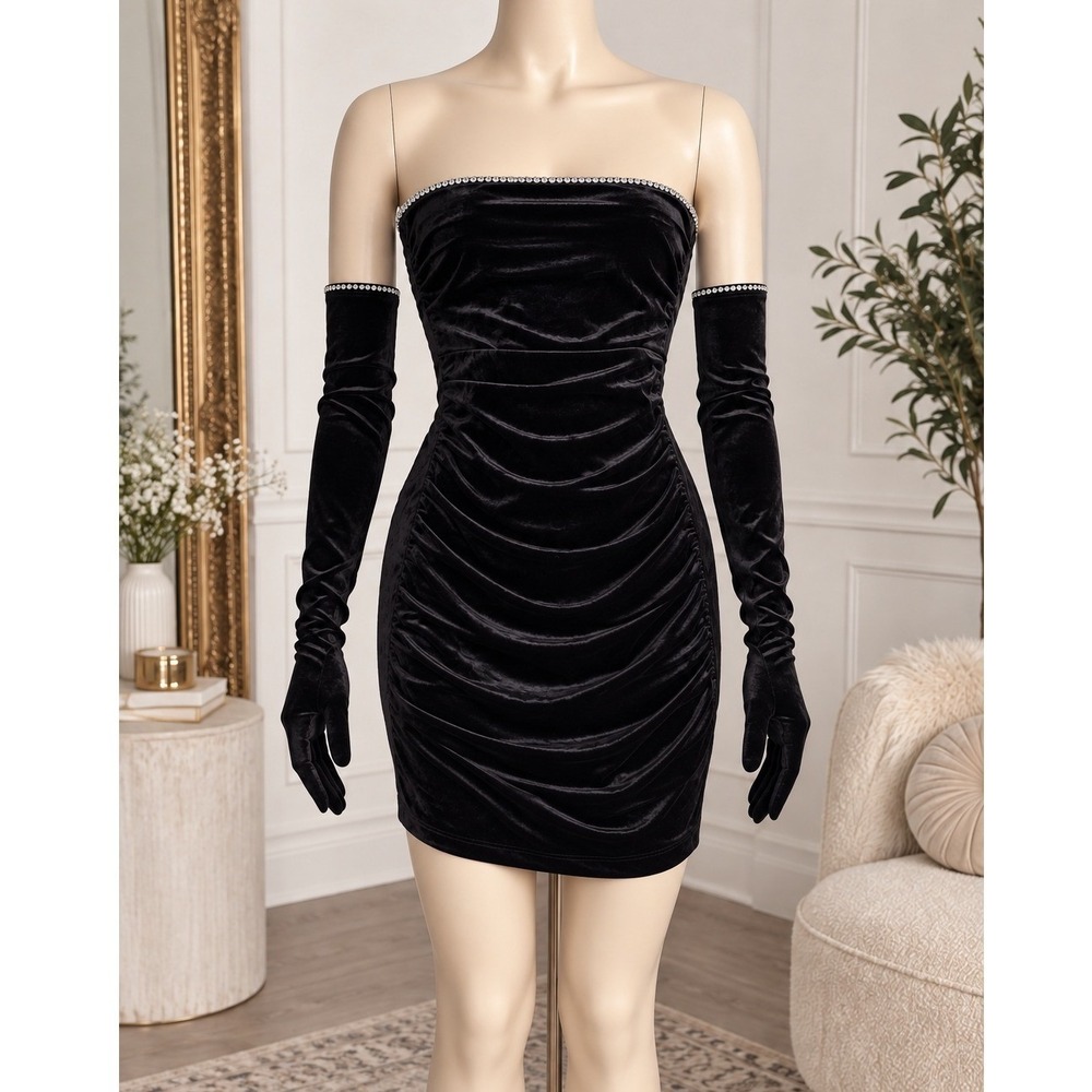 Honey and Rosie Black Velvet Ruched Mini Dress Rhinestone Gloves Vampy Small
